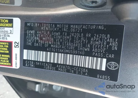 2021 Toyota Camry Se from USA, damaged, VIN 4T1G11AK0MU599140